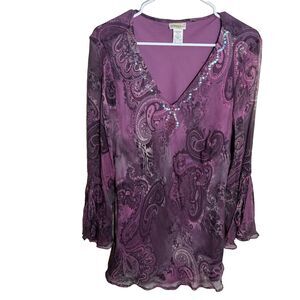 Fashion Bug Blouse Women's 18/20 V-Neck Flare Sleeve Y2k Beaded Silk Boho Top